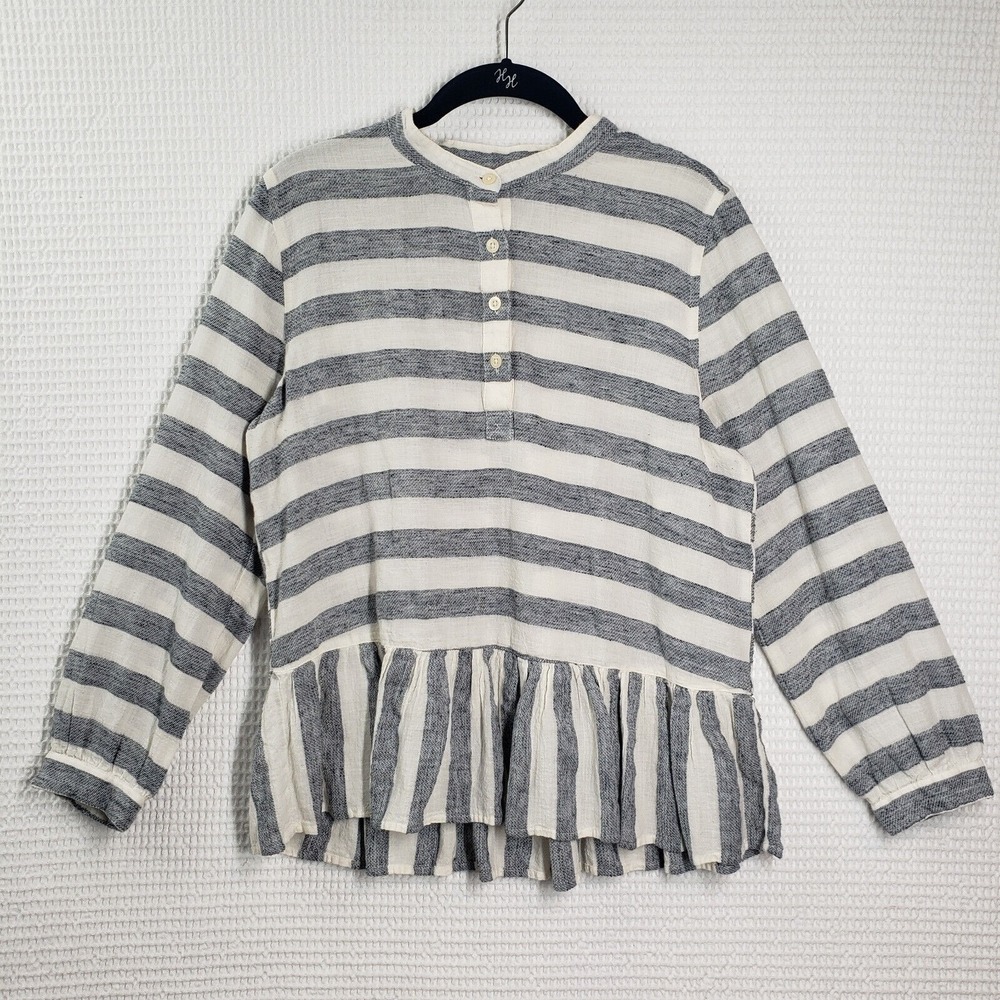 Lucky Brand Peplum Top Womens Medium White Striped Henley Boho Ruffle Western - Picture 2 of 16